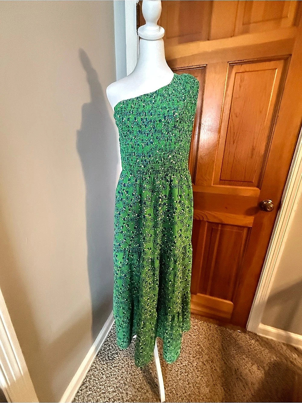 BTFBM One Shoulder Floral Smocked Midi Dress Green & Blue Large